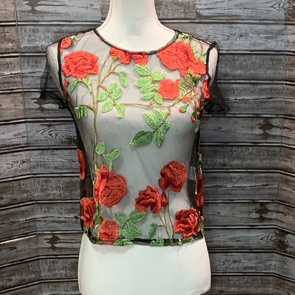 🔥🔥SALE🔥🔥Sheer Rose Embroidered Top with Sheer Mesh Back - Picture 2 of 3
